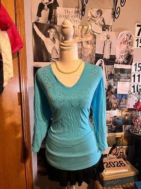 Blue and white Layered Top with Contrast sleeve design and floral rhinestone gra